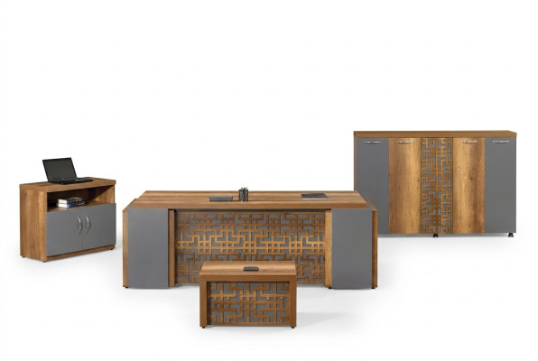 Tavolo da ufficio Mobili da ufficio Ufficio completo Set scrivania in legno marrone 4 pezzi Ufficio