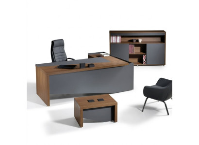 Mobili da ufficio completi classici in grigio, scrivania d'angolo in legno 3 pezzi.