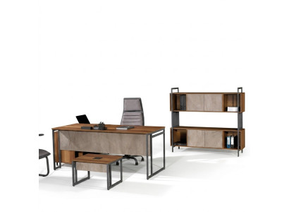 Mobili da ufficio classici completi in noce per l'angolo dell'ufficio, scrivania angolare 3 pezzi in legno.