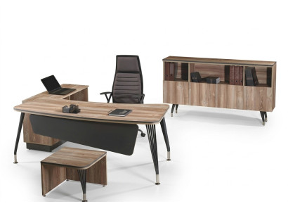 Composizione da ufficio, scrivania ad angolo, set da scrivania 3 pezzi in legno, mobile da ufficio marrone.