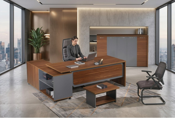 Gruppo scrivania d'angolo Set completo di scrivania 3 pezzi Arredamento per ufficio in legno Marrone