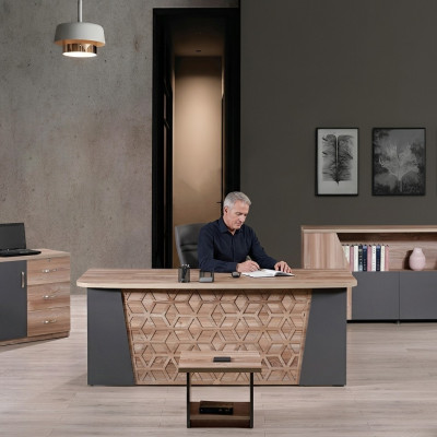 Ufficio completo, scrivania da ufficio, mobili da ufficio, set scrivania 4 pezzi in legno marrone per ufficio.