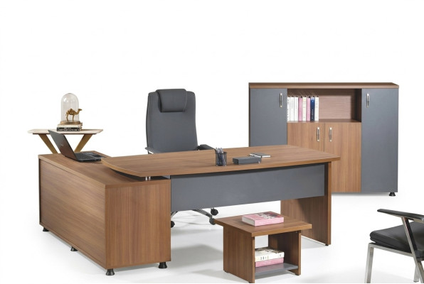 Gruppo ufficio Scrivania ad angolo Mobili da studio Armadio 3 pezzi Legno Marrone