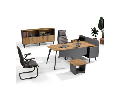 Scrittoio d'angolo moderno in legno marrone per ufficio, set di 3 pezzi per arredamento per lo studio.