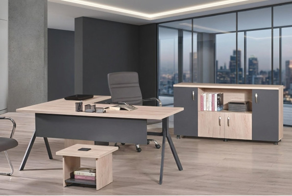 Ufficio completo Mobili per ufficio Scrivania d'angolo Scrivania da ufficio Set da ufficio 3 pezzi Legno Grigio