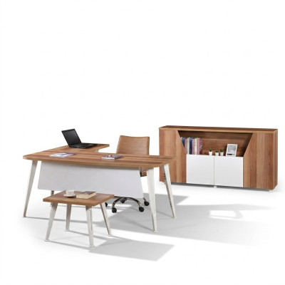 Mobili da ufficio completo, scrivania d'angolo a tre pezzi in legno bianco.