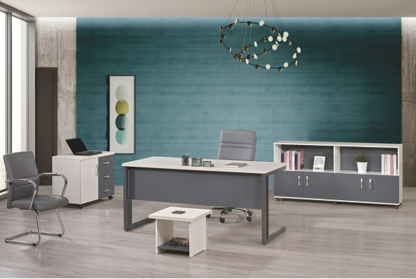 Mobili per computer, scrivania da lavoro, mobili da ufficio, scrivania 4 pezzi in legno grigio.