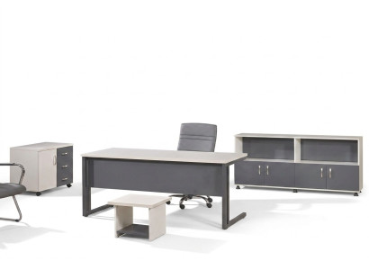 Mobili per computer, scrivania da lavoro, mobili da ufficio, scrivania 4 pezzi in legno grigio.