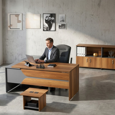 Composizione da ufficio Tavolo d'angolo Mobile per ufficio Armadio 3 pezzi Legno Marrone