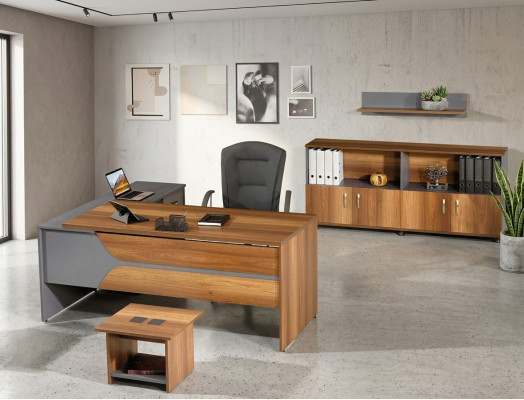 Composizione da ufficio Tavolo d'angolo Mobile per ufficio Armadio 3 pezzi Legno Marrone