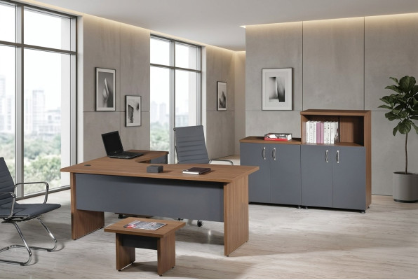Ufficio completo Tavolo da scrivania d'angolo Mobili per ufficio Set in legno grigio 4 pezzi Arredamento per computer