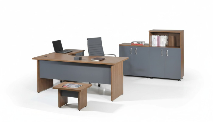 Ufficio completo Tavolo da scrivania d'angolo Mobili per ufficio Set in legno grigio 4 pezzi Arredamento per computer