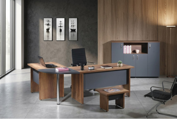 Mobili per computer Tavolo da lavoro Mobili per ufficio Scrivania a forma di L 3 pezzi Set in legno Grigio