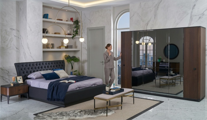 Set di lenzuola per letto matrimoniale 4 pezzi con cornice del letto nero nuovo