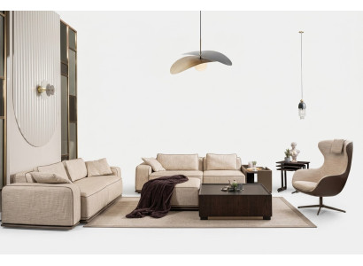 Sofà di lusso a tre posti in tessuto beige, divano imbottito e poltrone.