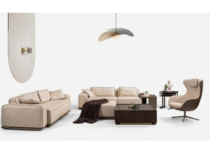 Set di divani tre posti in tessuto beige.