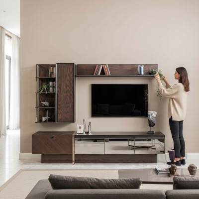 Mobile porta TV con mensole, credenza RTV, credenza bassa, sideboard in legno marrone.