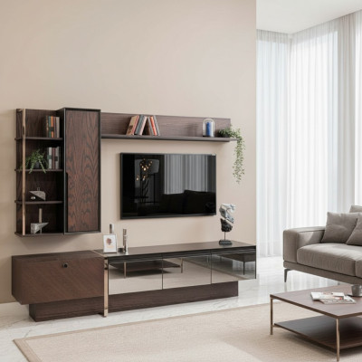 Mobile porta TV con mensole, credenza RTV, credenza bassa, sideboard in legno marrone.