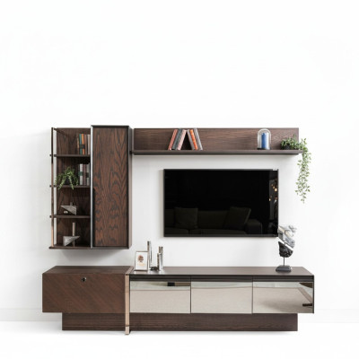 Mobile porta TV con mensole, credenza RTV, credenza bassa, sideboard in legno marrone.