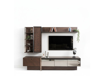 Mobile porta TV con mensole, credenza RTV, credenza bassa, sideboard in legno marrone.