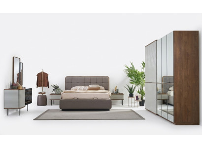 Set da camera da letto moderno 7 pezzi Letto matrimoniale completo in legno marrone.