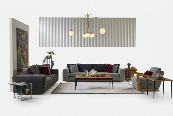 Divani imbottiti, set completo di divani in tessuto grigio, 4 pezzi, nuovo.