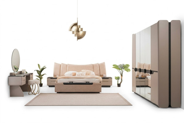 Camera da letto completa Letto matrimoniale Moderno Beige Set letto 6 pezzi Armadio