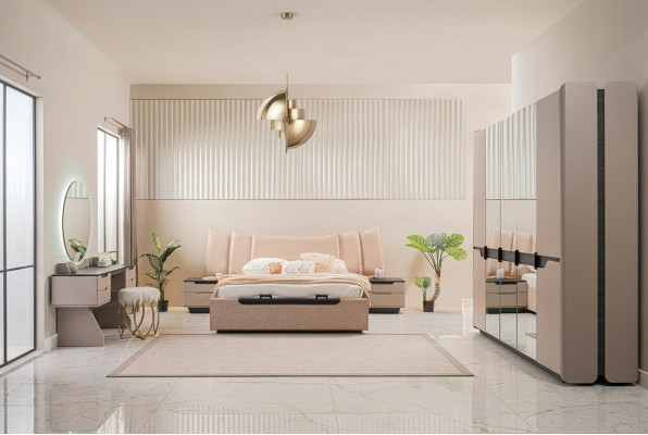 Letto matrimoniale completo Moderno Beige Set camera da letto 6 pezzi Armadio