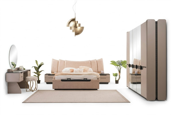 Letto matrimoniale completo Moderno Beige Set camera da letto 6 pezzi Armadio