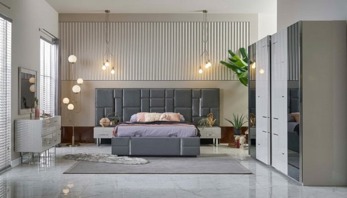 Struttura letto camera da letto Letto matrimoniale Grigio Legno Set 6 pezzi Armadio