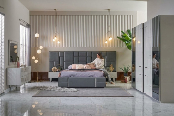 Letto matrimoniale cornice del letto camera da letto Grigio Legno Set 6 pezzi Armadio