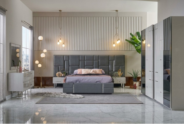 Letto matrimoniale cornice del letto camera da letto Grigio Legno Set 6 pezzi Armadio