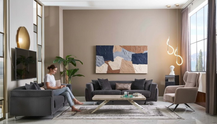 Set di divani in tessuto completo, divano imbottito beige, set di 4 pezzi