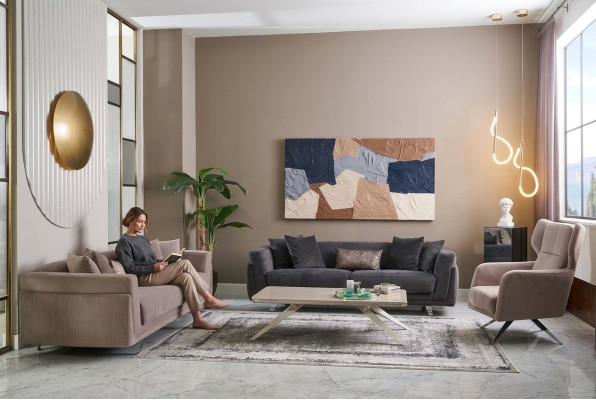 Sofà completo in tessuto beige, set di 3 pezzi.