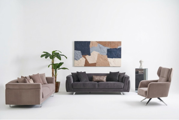 Sofà completo in tessuto beige, set di 3 pezzi.