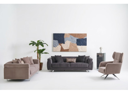 Sofà completo in tessuto beige, set di 3 pezzi.