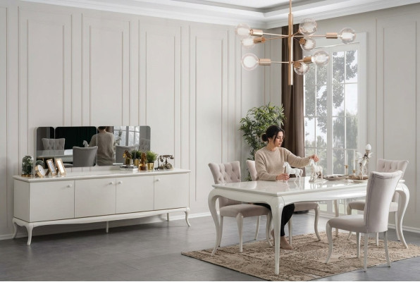 Gruppo di pranzo angolo pranzo sala da pranzo tavolo da pranzo in legno bianco Set 7 pezzi credenza