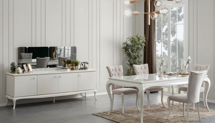 Gruppo di pranzo angolo pranzo sala da pranzo tavolo da pranzo in legno bianco Set 7 pezzi credenza