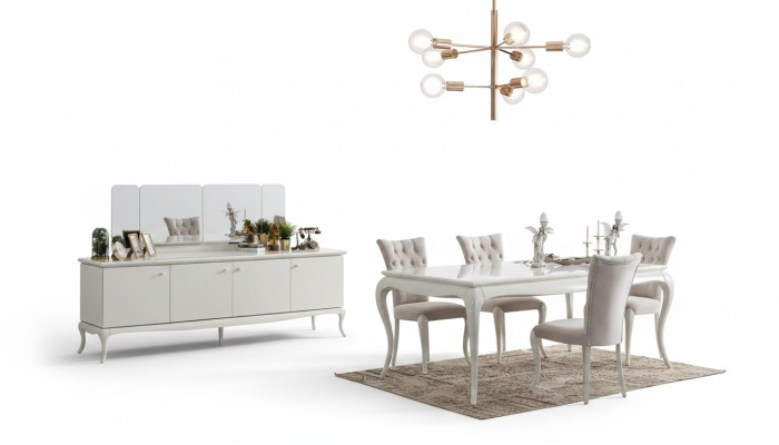 Gruppo di pranzo angolo pranzo sala da pranzo tavolo da pranzo in legno bianco Set 7 pezzi credenza