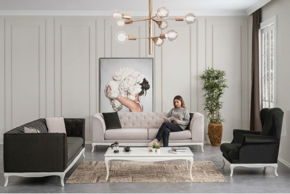 Chesterfield Set completo di divani in tessuto, divani imbottiti, set di 4 pezzi nero.