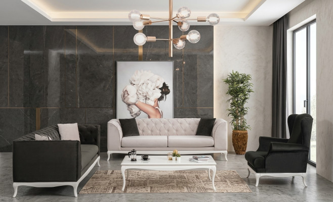 Chesterfield Set completo di divani in tessuto, divani imbottiti, set di 4 pezzi nero.