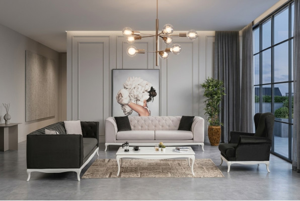 Set completo di divani Chesterfield, divani imbottiti in tessuto nero 3 pezzi