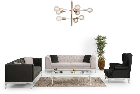 Set completo di divani Chesterfield, divani imbottiti in tessuto nero 3 pezzi