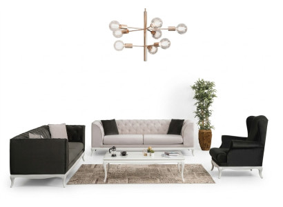Set completo di divani Chesterfield, divani imbottiti in tessuto nero 3 pezzi