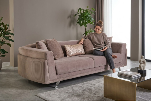 Divano a tre posti con funzione letto, divano a 3 posti in tessuto beige.