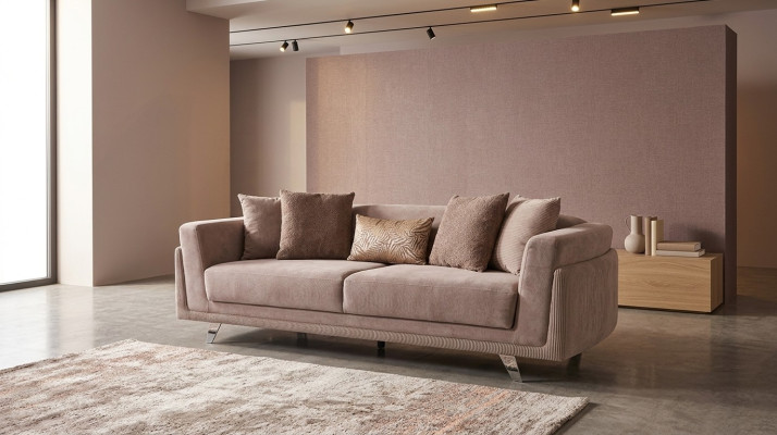Divano a tre posti con funzione letto, divano a 3 posti in tessuto beige.