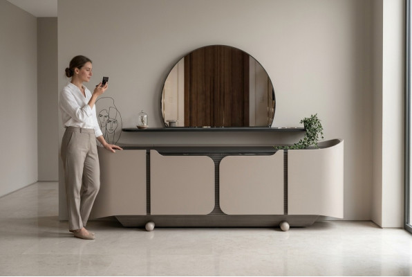 Madia credenza con specchio armadio in legno beige moderno set