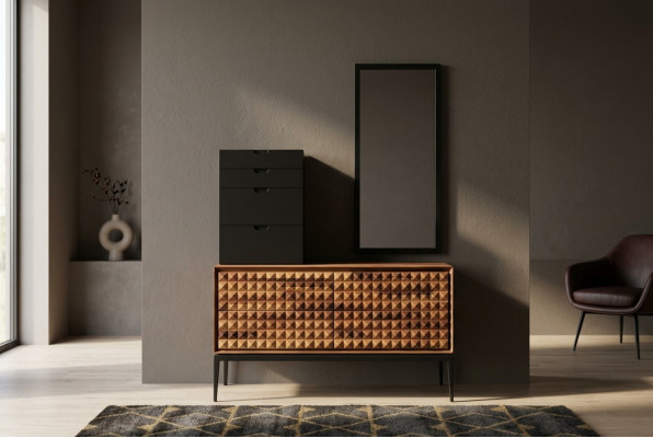 Comò camera da letto con specchio marrone in legno Armadio a muro Set di comodini