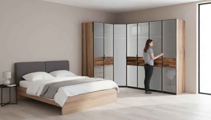 Mobile ad angolo armadio camera da letto armadio in legno marrone con specchio grande