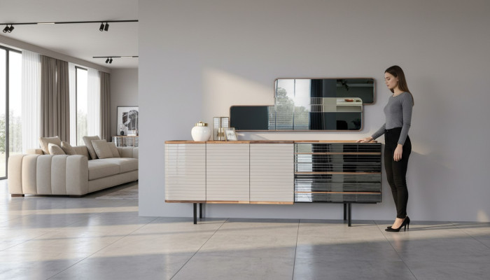 Mobile contenitore bianco con specchio in legno per sala da pranzo.